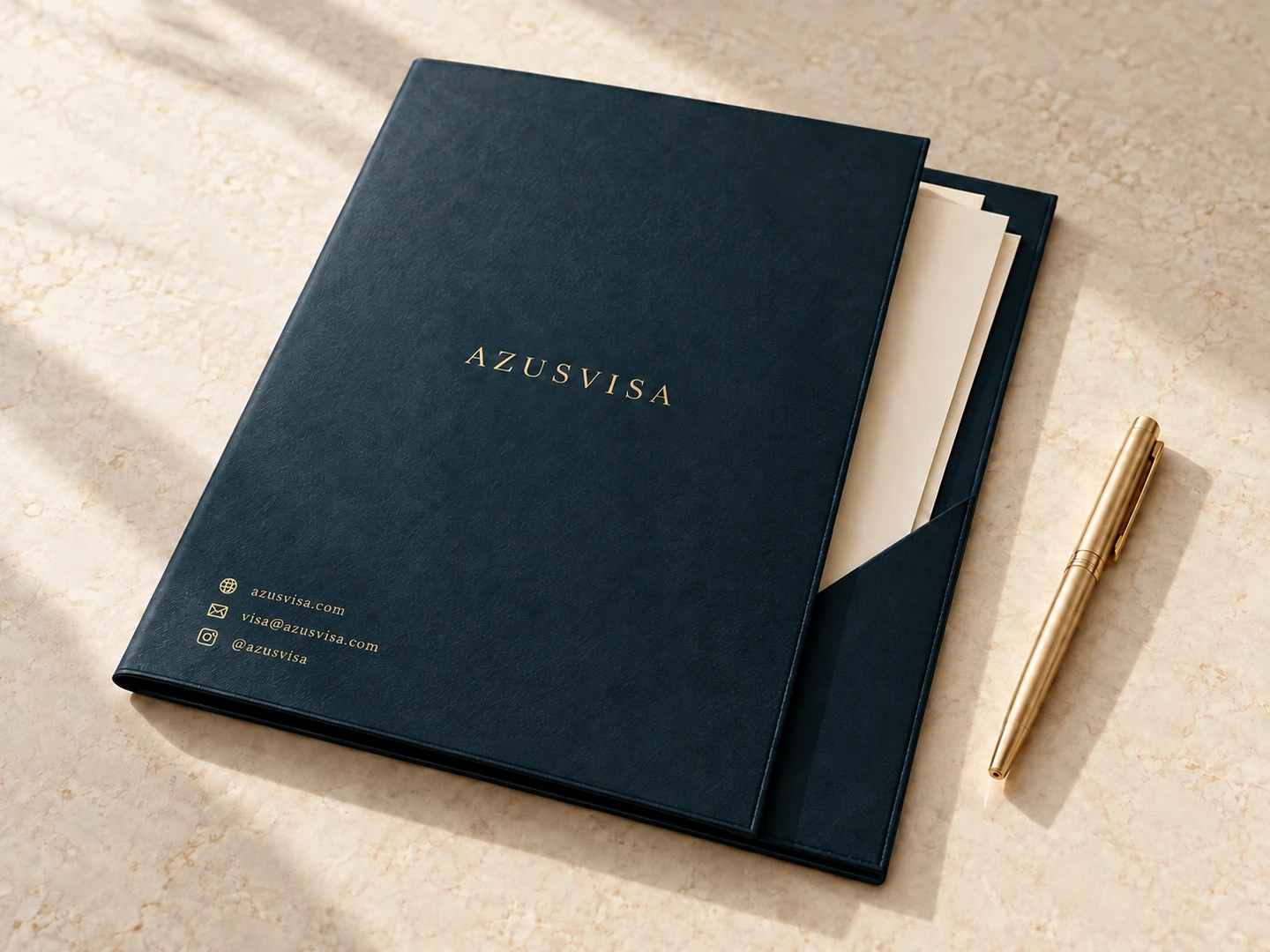 AZUSVISA qovluğunda qızılı əlaqə məlumatları: azusvisa.com, visa@azusvisa.com və Instagram @azusvisa.