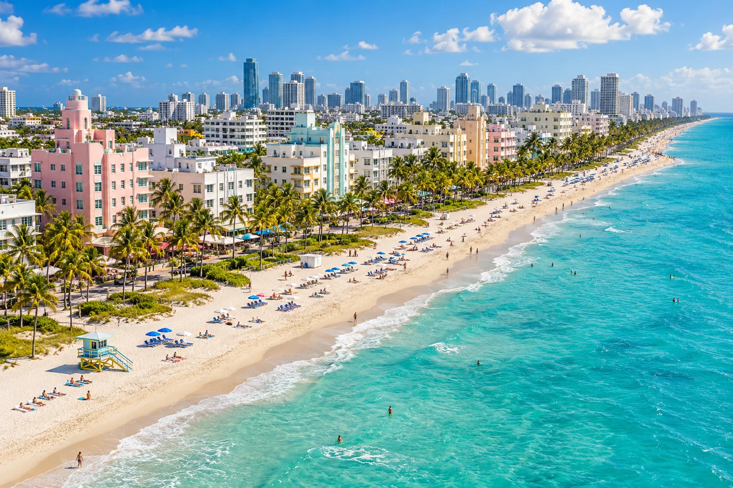 Mayaminin South Beach sahili, firuzəyi okean və rəngarəng Art Deco binaları